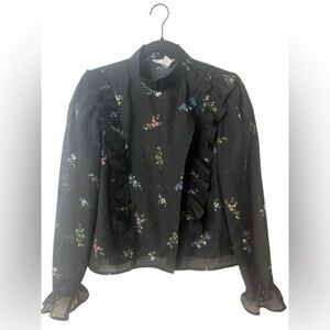 H&M Black Floral Blouse size 10 no stretch ruffles